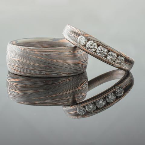 Mokume Gane Ring Set, Flow Pattern, Channel Setting