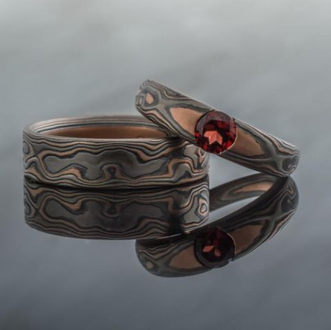 Mokume Gane Ring set, woodgrain pattern, cathedral setting